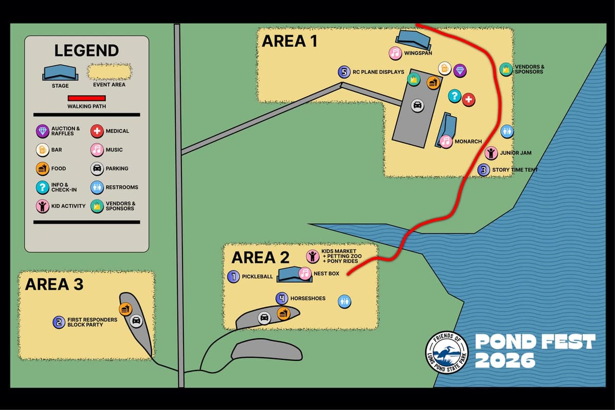 Pond Fest event map showing Areas 1, 2 and 3 at Lums Pond State Park