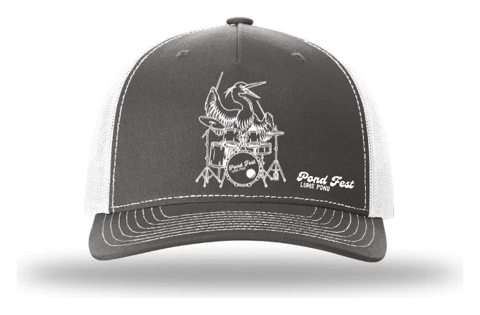 Charcoal and white trucker hat with the heron drummer embroidered in white
