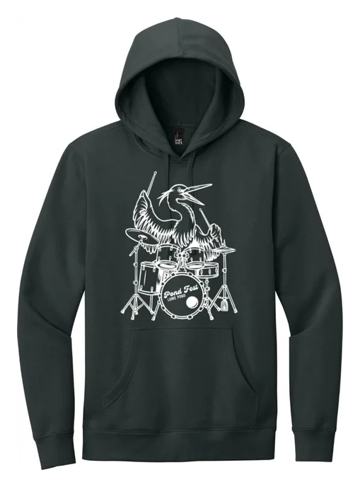 Dark Pond Fest fleece hoodie with the heron drummer in white