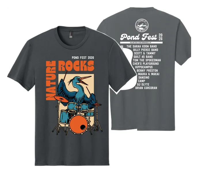 Charcoal Pond Fest 2026 T-shirt with a heron on drums on the front and the band lineup on the back